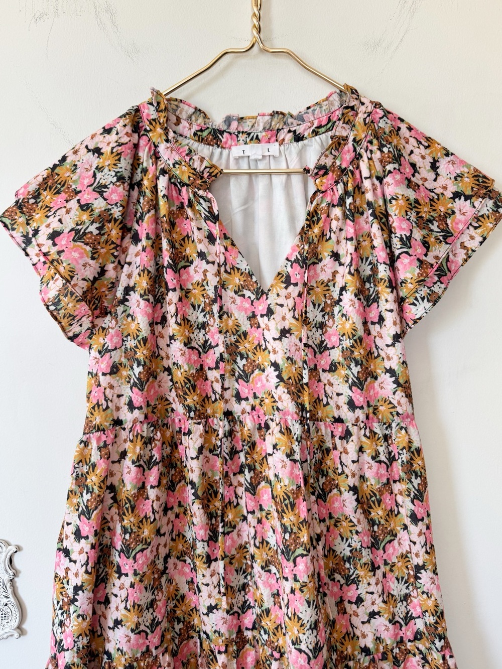 THML Pink and Gold Floral Seersucker Tiered Babydoll Dress Pockets XL - Picture 5 of 8